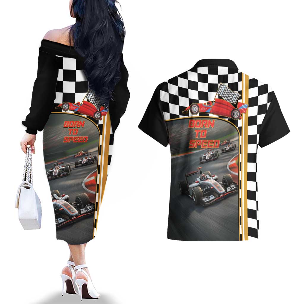 Racing Car 2025 Couples Matching Off The Shoulder Long Sleeve Dress and Hawaiian Shirt Born To Speed