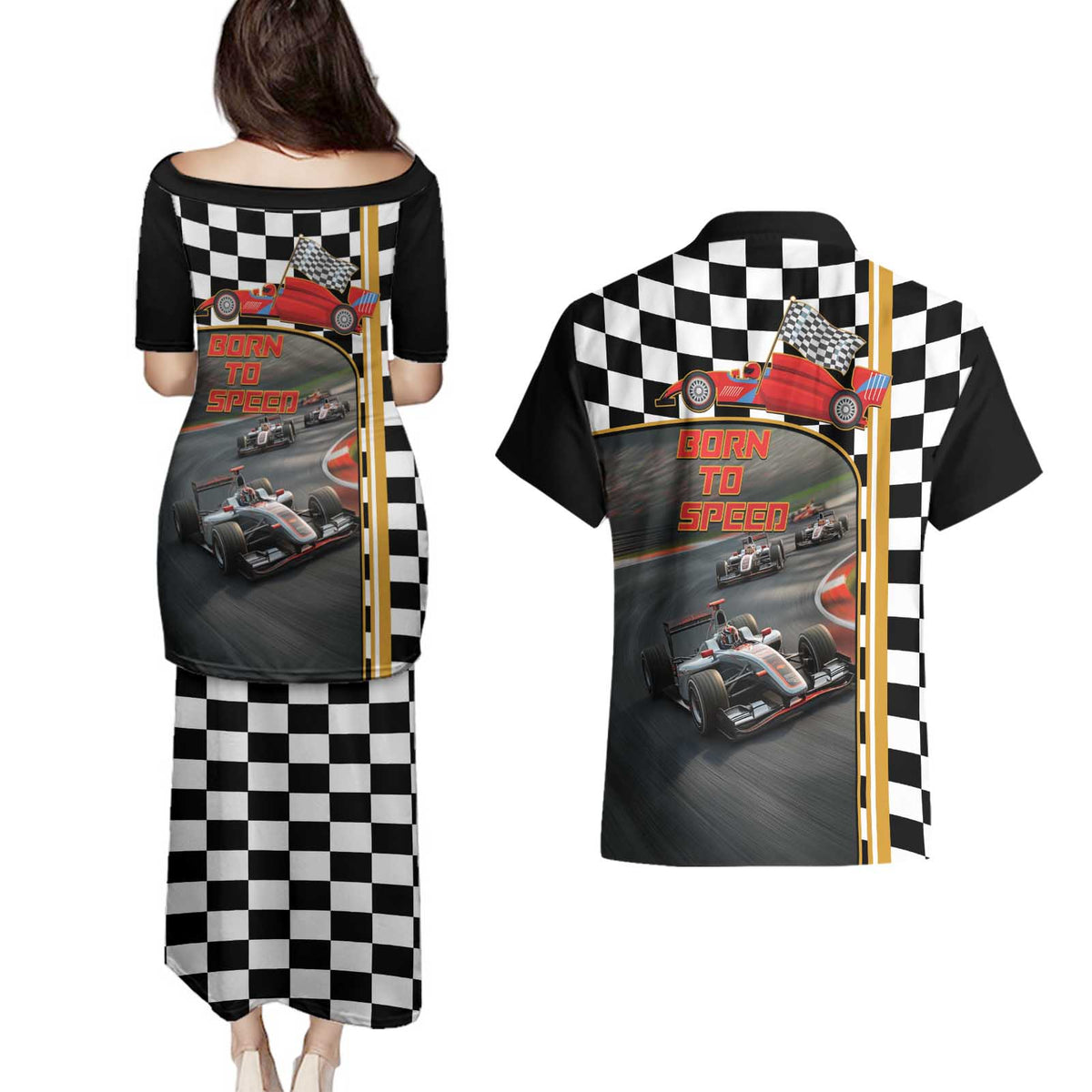 Racing Car 2025 Couples Matching Puletasi and Hawaiian Shirt Born To Speed