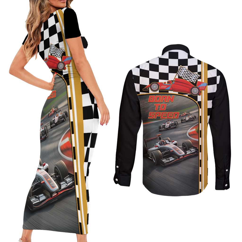 Racing Car 2025 Couples Matching Short Sleeve Bodycon Dress and Long Sleeve Button Shirt Born To Speed