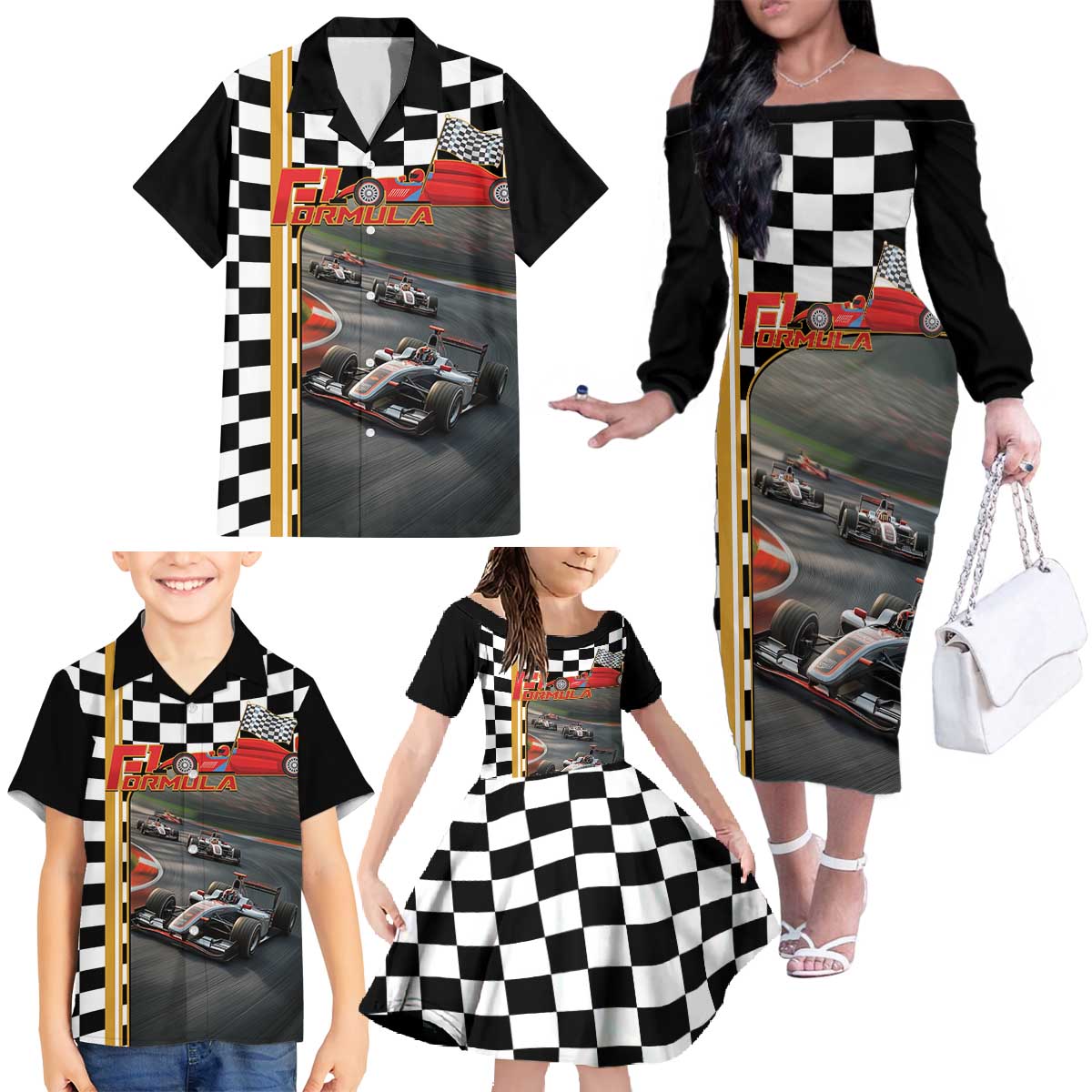 Racing Car 2025 Family Matching Off The Shoulder Long Sleeve Dress and Hawaiian Shirt Born To Speed