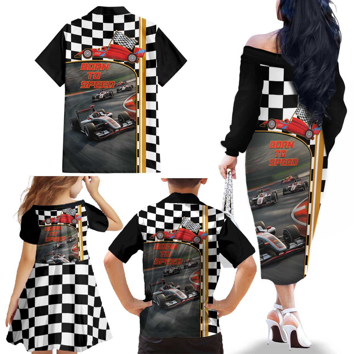 Racing Car 2025 Family Matching Off The Shoulder Long Sleeve Dress and Hawaiian Shirt Born To Speed