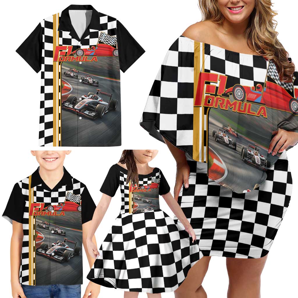Racing Car 2025 Family Matching Off Shoulder Short Dress and Hawaiian Shirt Born To Speed