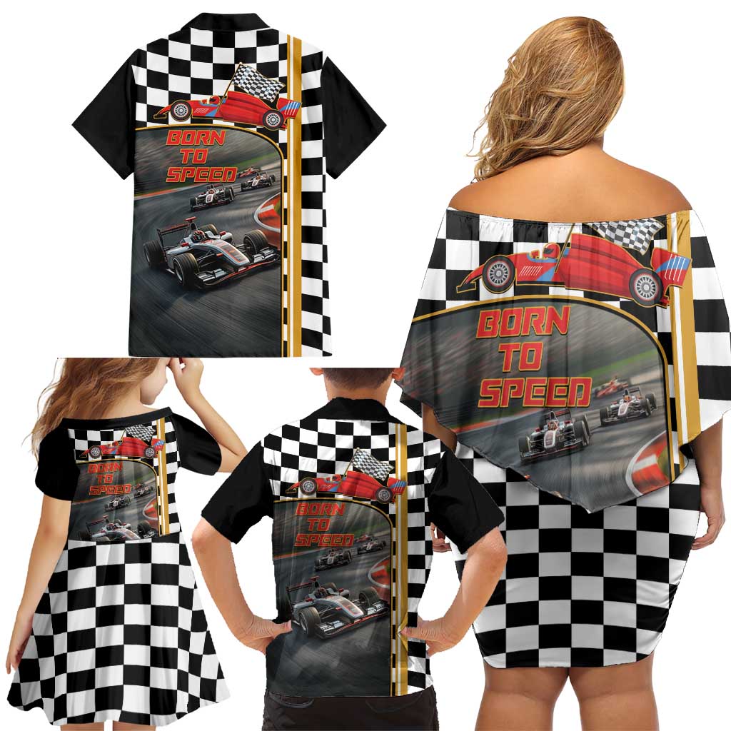 Racing Car 2025 Family Matching Off Shoulder Short Dress and Hawaiian Shirt Born To Speed