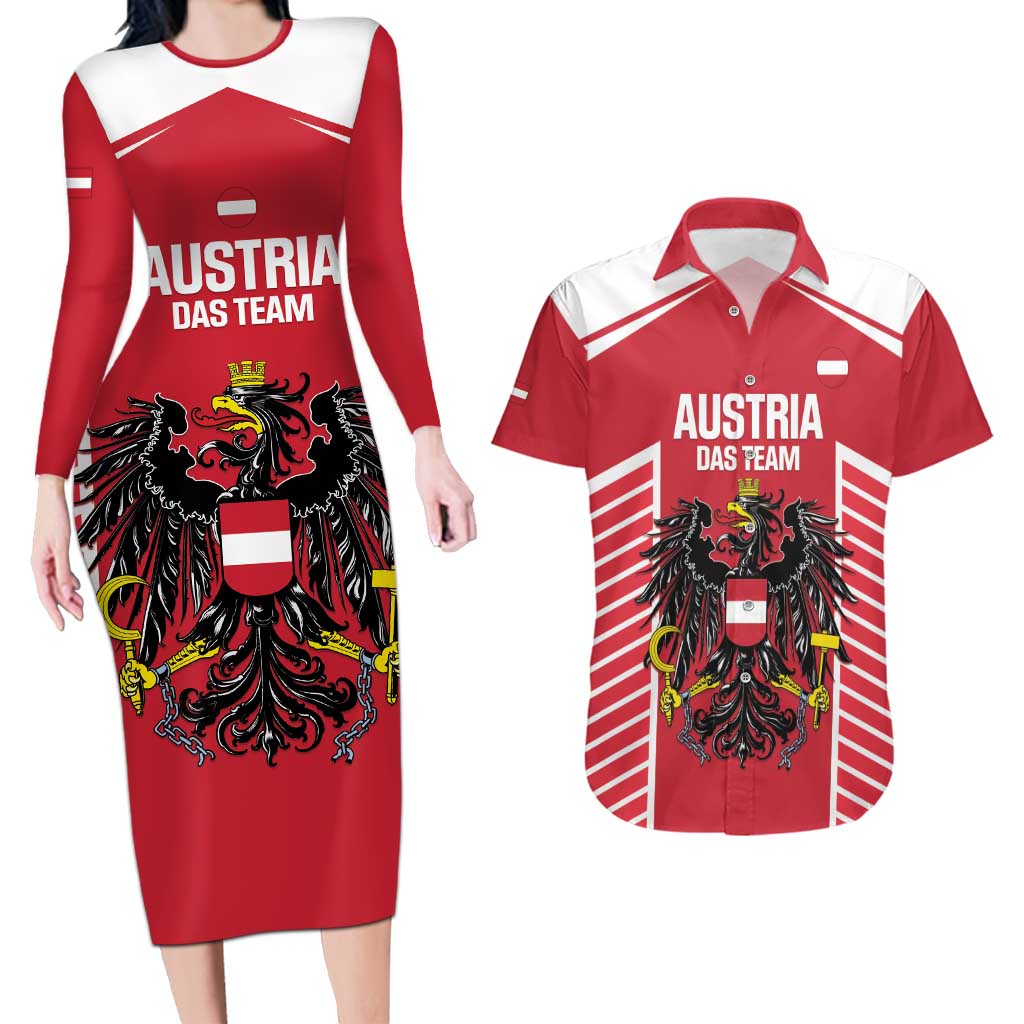 Custom Austria Football Couples Matching Long Sleeve Bodycon Dress and Hawaiian Shirt Come On Das Team
