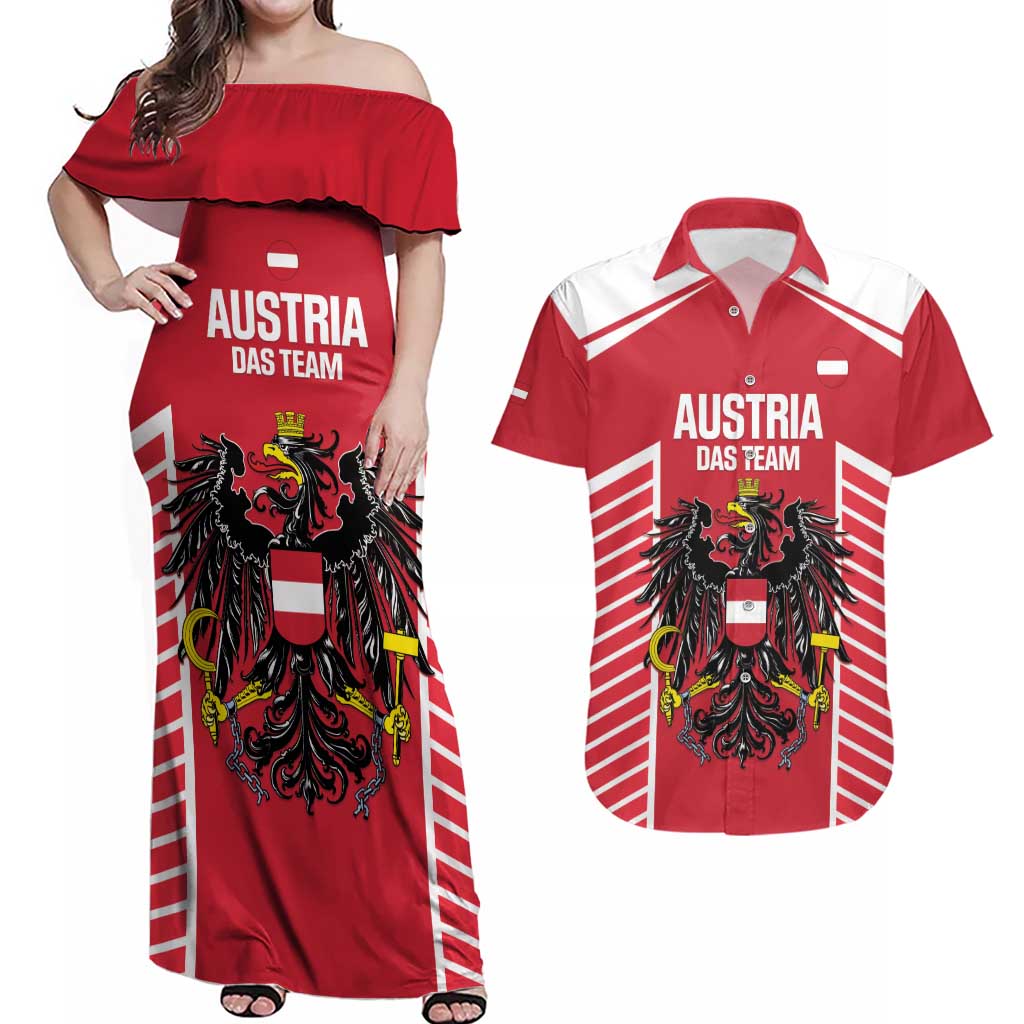 Custom Austria Football Couples Matching Off Shoulder Maxi Dress and Hawaiian Shirt Come On Das Team