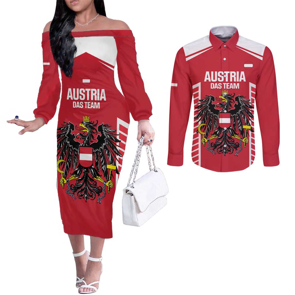 Custom Austria Football Couples Matching Off The Shoulder Long Sleeve Dress and Long Sleeve Button Shirt Come On Das Team
