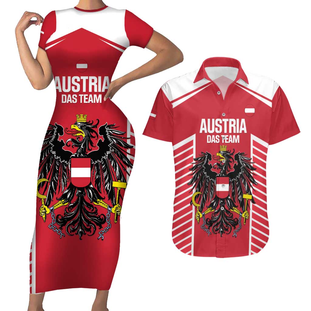 Custom Austria Football Couples Matching Short Sleeve Bodycon Dress and Hawaiian Shirt Come On Das Team