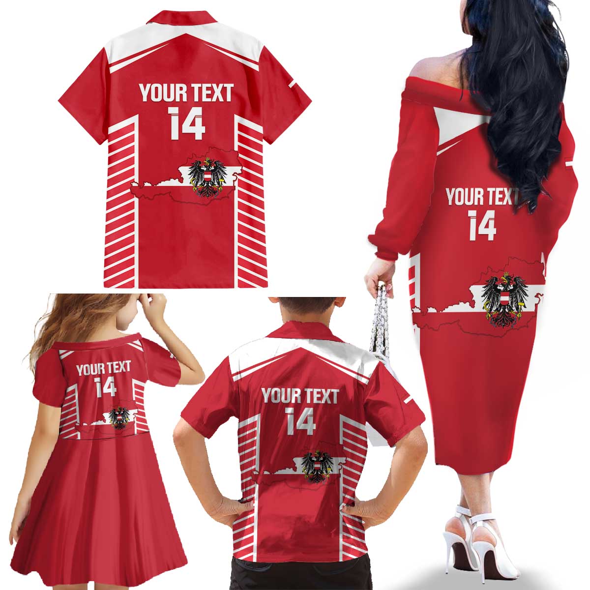 Custom Austria Football Family Matching Off The Shoulder Long Sleeve Dress and Hawaiian Shirt Come On Das Team