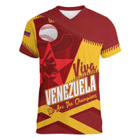 Baseball Venezuela 2026 Custom Women V-Neck T-Shirt 1st Champions Proud Red Version