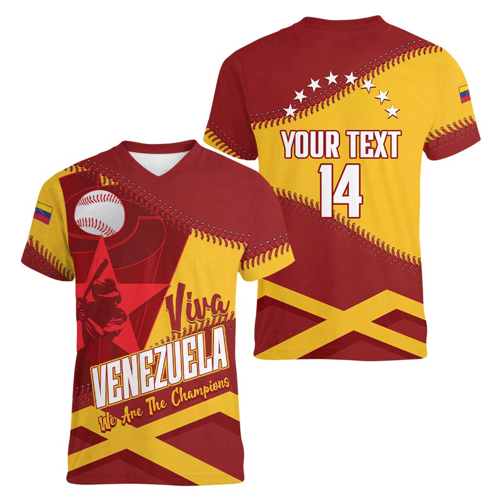 Baseball Venezuela 2026 Custom Women V-Neck T-Shirt 1st Champions Proud Red Version