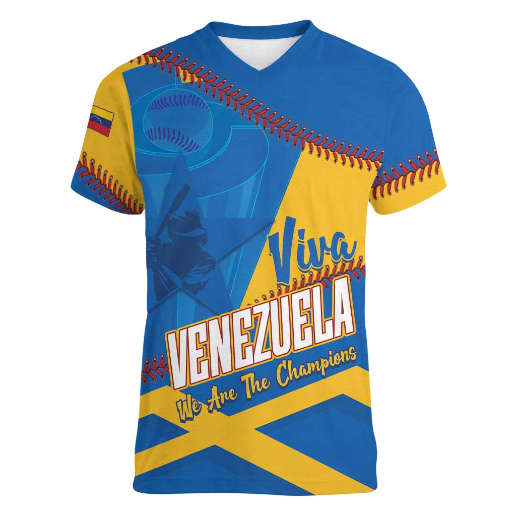 Baseball Venezuela 2026 Custom Women V-Neck T-Shirt 1st Champions Proud Blue Version
