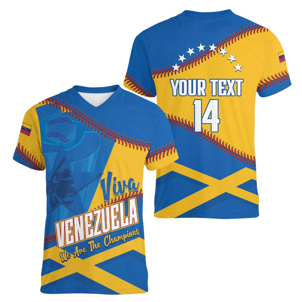 Baseball Venezuela 2026 Custom Women V-Neck T-Shirt 1st Champions Proud Blue Version