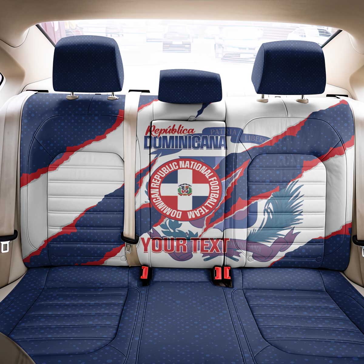 Custom Dominican Republic Football Back Car Seat Cover Los Quisqueyanos Crack Style