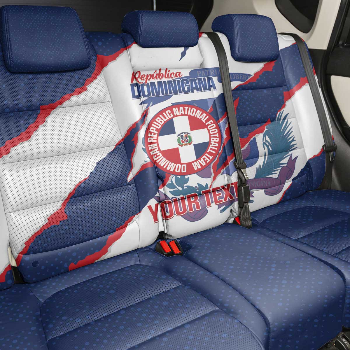 Custom Dominican Republic Football Back Car Seat Cover Los Quisqueyanos Crack Style