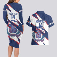 Custom Dominican Republic Football Couples Matching Long Sleeve Bodycon Dress and Hawaiian Shirt Los Quisqueyanos Crack Style