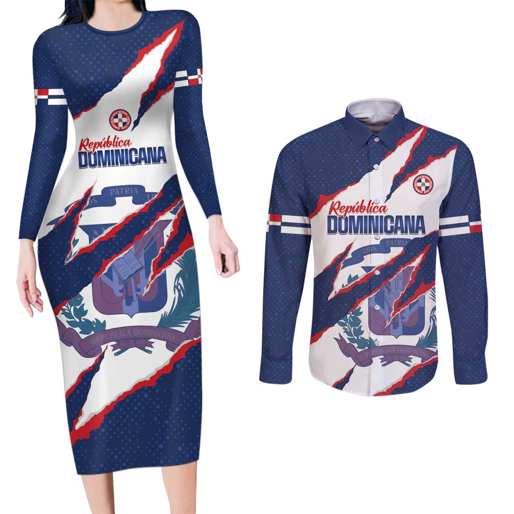 Custom Dominican Republic Football Couples Matching Long Sleeve Bodycon Dress and Long Sleeve Button Shirt Los Quisqueyanos Crack Style
