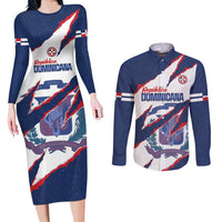 Custom Dominican Republic Football Couples Matching Long Sleeve Bodycon Dress and Long Sleeve Button Shirt Los Quisqueyanos Crack Style