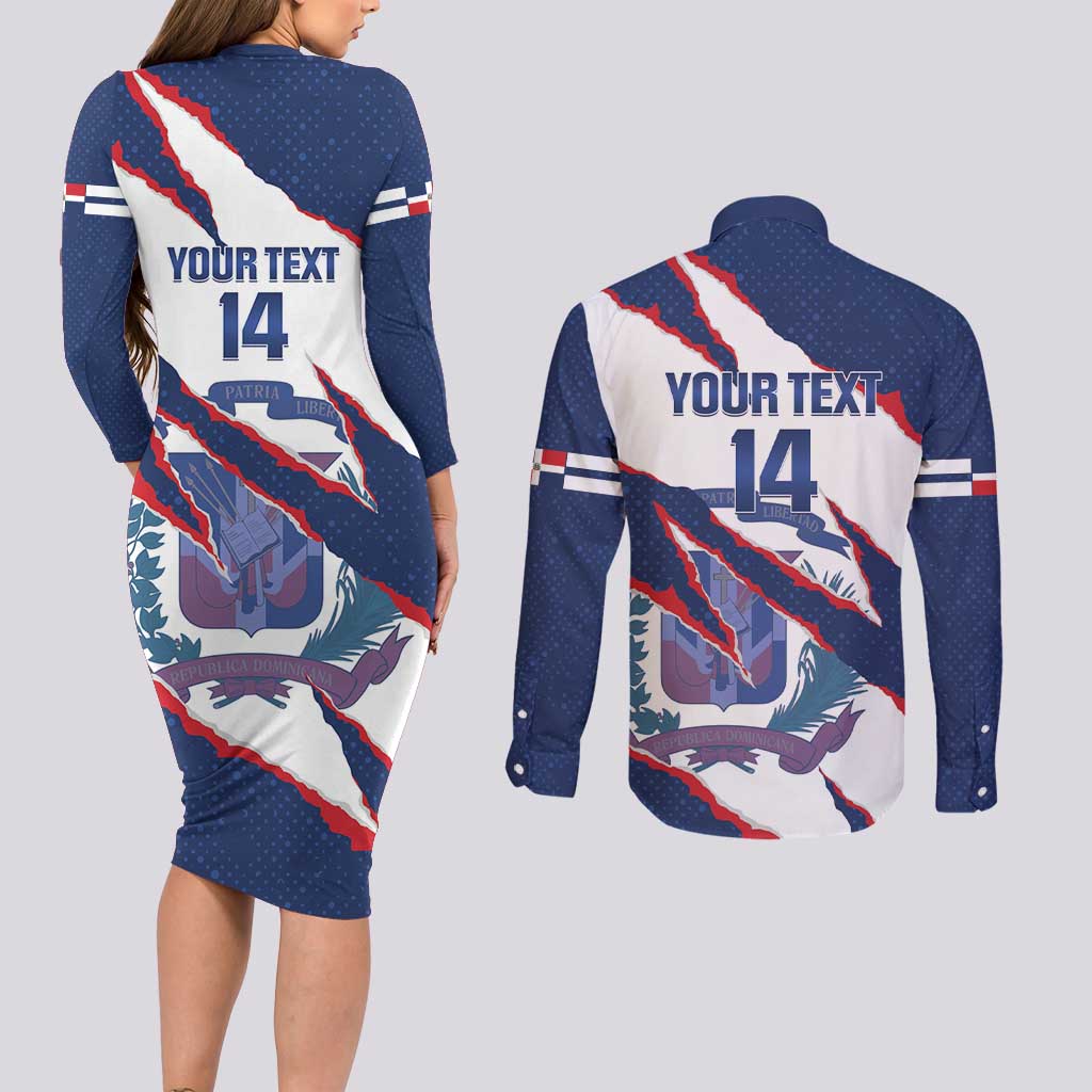 Custom Dominican Republic Football Couples Matching Long Sleeve Bodycon Dress and Long Sleeve Button Shirt Los Quisqueyanos Crack Style