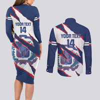 Custom Dominican Republic Football Couples Matching Long Sleeve Bodycon Dress and Long Sleeve Button Shirt Los Quisqueyanos Crack Style