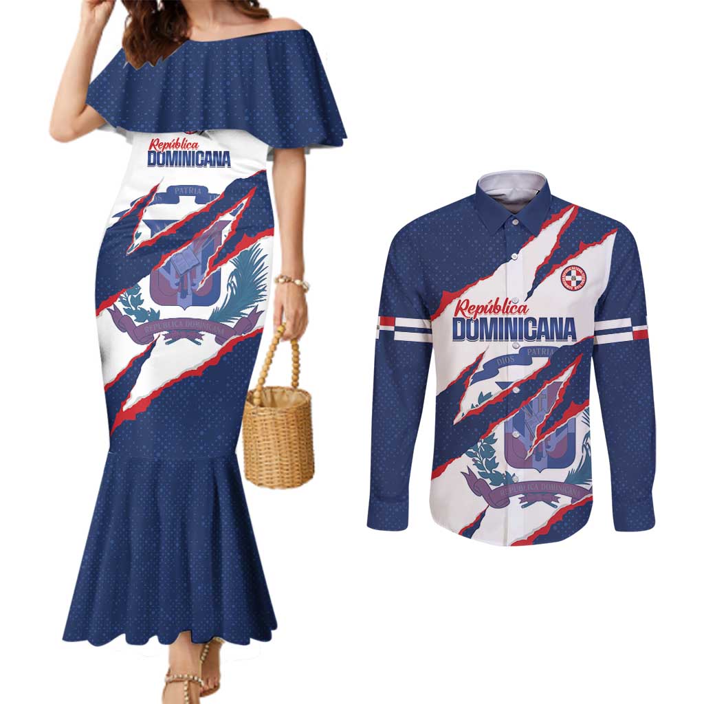 Custom Dominican Republic Football Couples Matching Mermaid Dress and Long Sleeve Button Shirt Los Quisqueyanos Crack Style