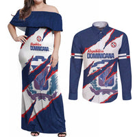 Custom Dominican Republic Football Couples Matching Off Shoulder Maxi Dress and Long Sleeve Button Shirt Los Quisqueyanos Crack Style