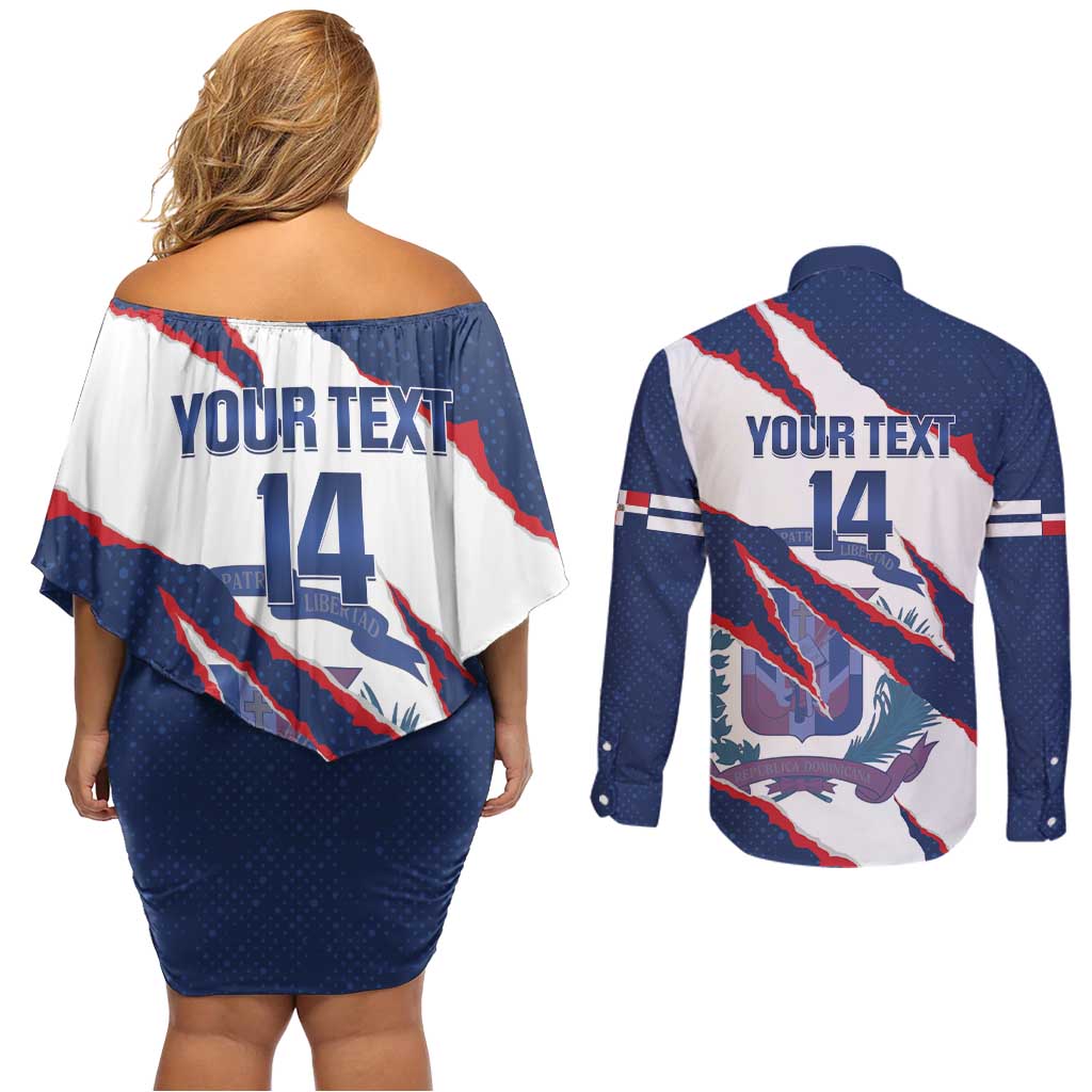 Custom Dominican Republic Football Couples Matching Off Shoulder Short Dress and Long Sleeve Button Shirt Los Quisqueyanos Crack Style