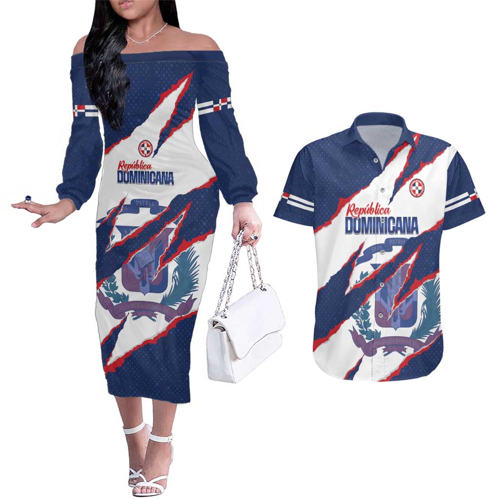 Custom Dominican Republic Football Couples Matching Off The Shoulder Long Sleeve Dress and Hawaiian Shirt Los Quisqueyanos Crack Style