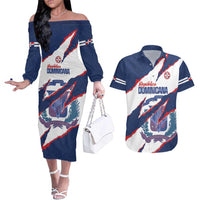 Custom Dominican Republic Football Couples Matching Off The Shoulder Long Sleeve Dress and Hawaiian Shirt Los Quisqueyanos Crack Style