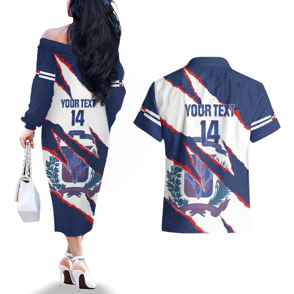Custom Dominican Republic Football Couples Matching Off The Shoulder Long Sleeve Dress and Hawaiian Shirt Los Quisqueyanos Crack Style