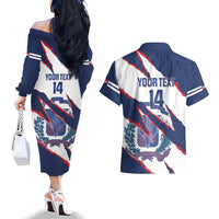 Custom Dominican Republic Football Couples Matching Off The Shoulder Long Sleeve Dress and Hawaiian Shirt Los Quisqueyanos Crack Style