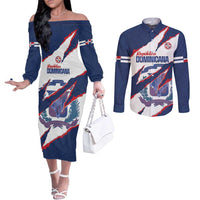 Custom Dominican Republic Football Couples Matching Off The Shoulder Long Sleeve Dress and Long Sleeve Button Shirt Los Quisqueyanos Crack Style