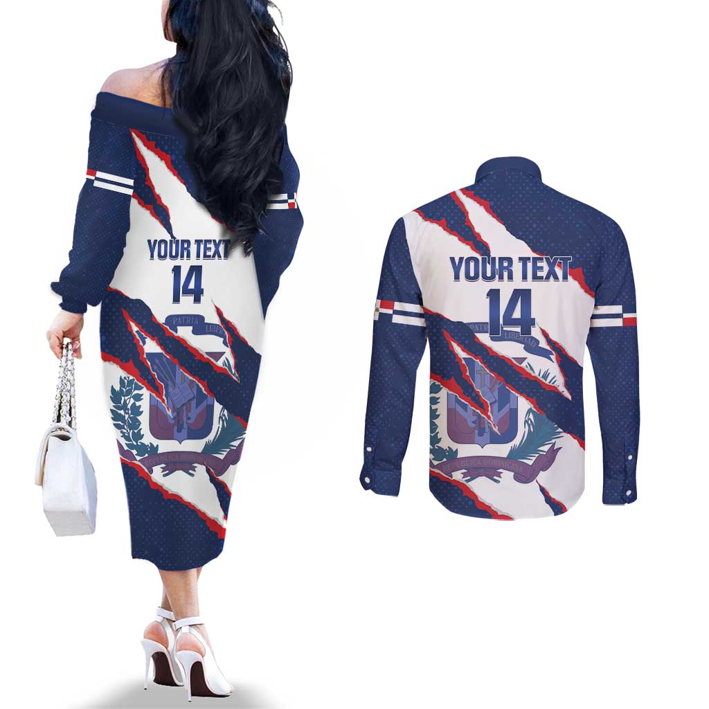 Custom Dominican Republic Football Couples Matching Off The Shoulder Long Sleeve Dress and Long Sleeve Button Shirt Los Quisqueyanos Crack Style