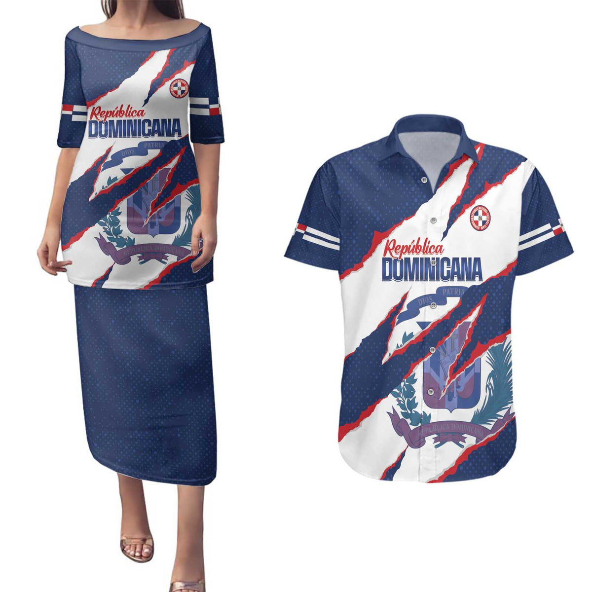 Custom Dominican Republic Football Couples Matching Puletasi and Hawaiian Shirt Los Quisqueyanos Crack Style