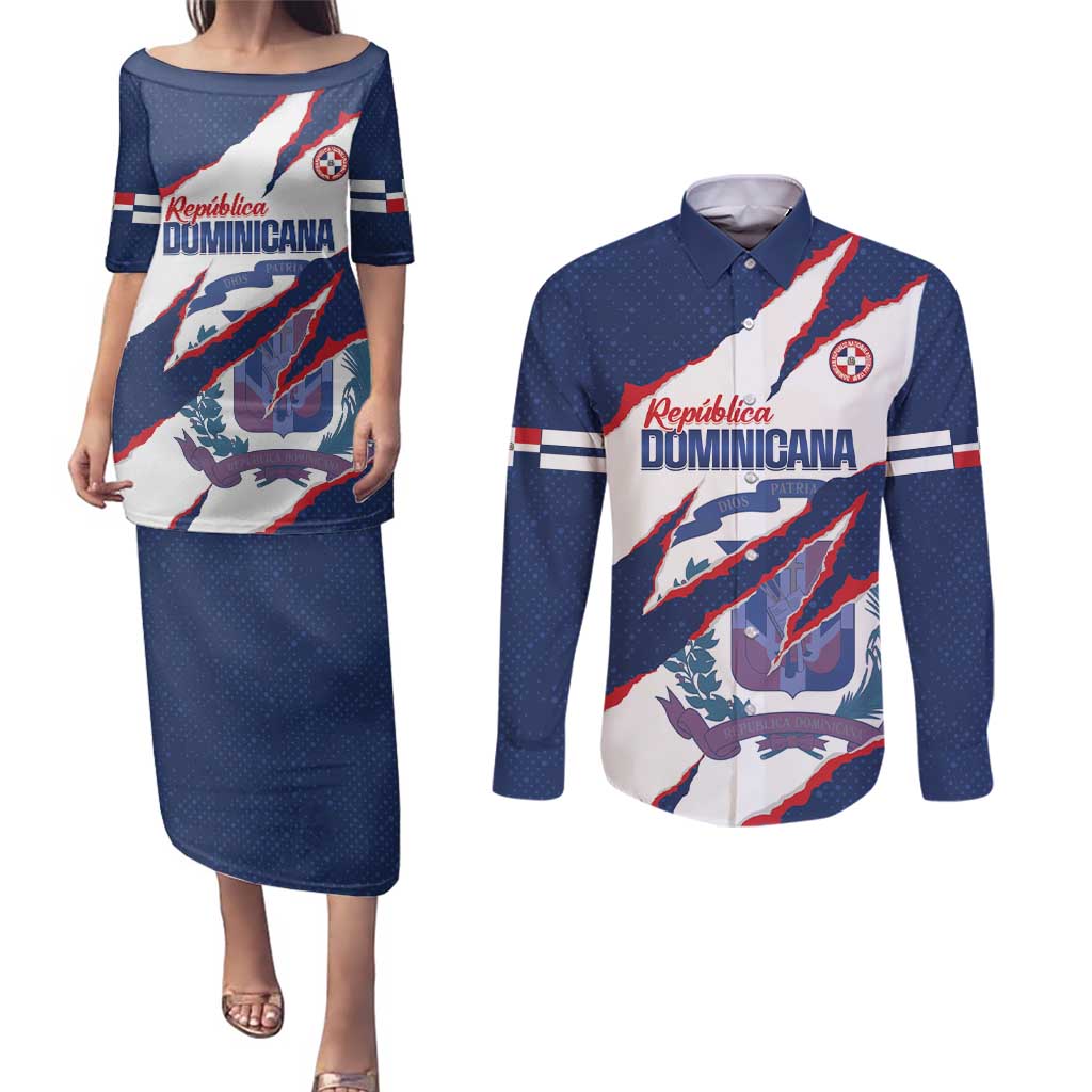 Custom Dominican Republic Football Couples Matching Puletasi and Long Sleeve Button Shirt Los Quisqueyanos Crack Style