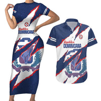 Custom Dominican Republic Football Couples Matching Short Sleeve Bodycon Dress and Hawaiian Shirt Los Quisqueyanos Crack Style