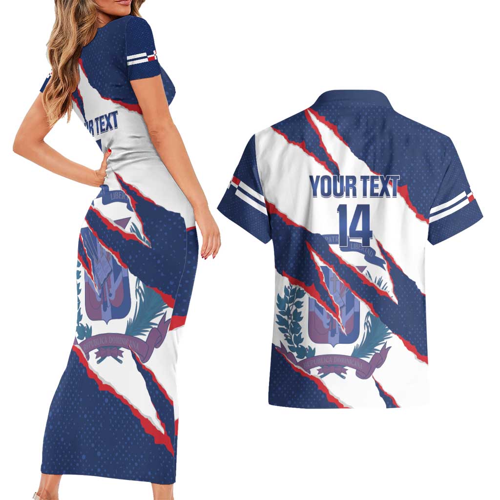 Custom Dominican Republic Football Couples Matching Short Sleeve Bodycon Dress and Hawaiian Shirt Los Quisqueyanos Crack Style