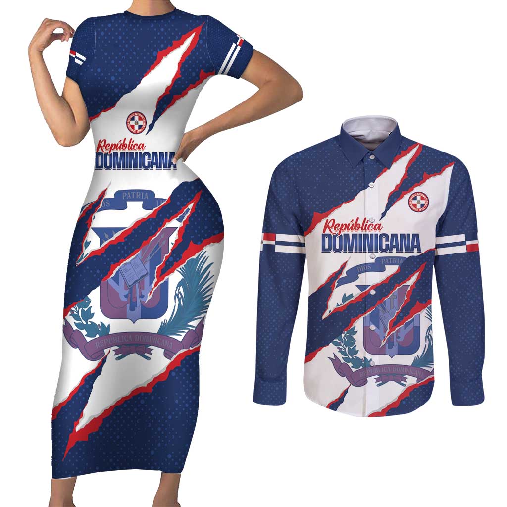 Custom Dominican Republic Football Couples Matching Short Sleeve Bodycon Dress and Long Sleeve Button Shirt Los Quisqueyanos Crack Style