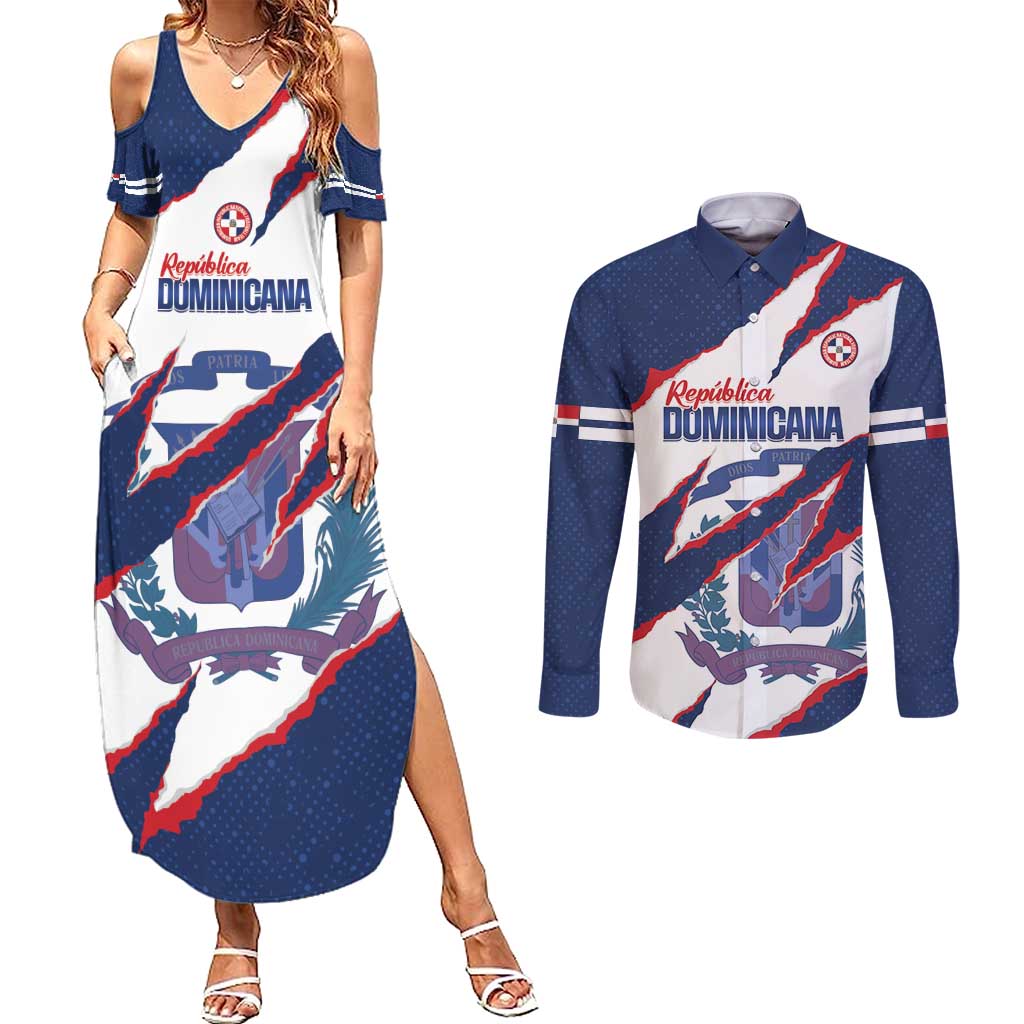 Custom Dominican Republic Football Couples Matching Summer Maxi Dress and Long Sleeve Button Shirt Los Quisqueyanos Crack Style
