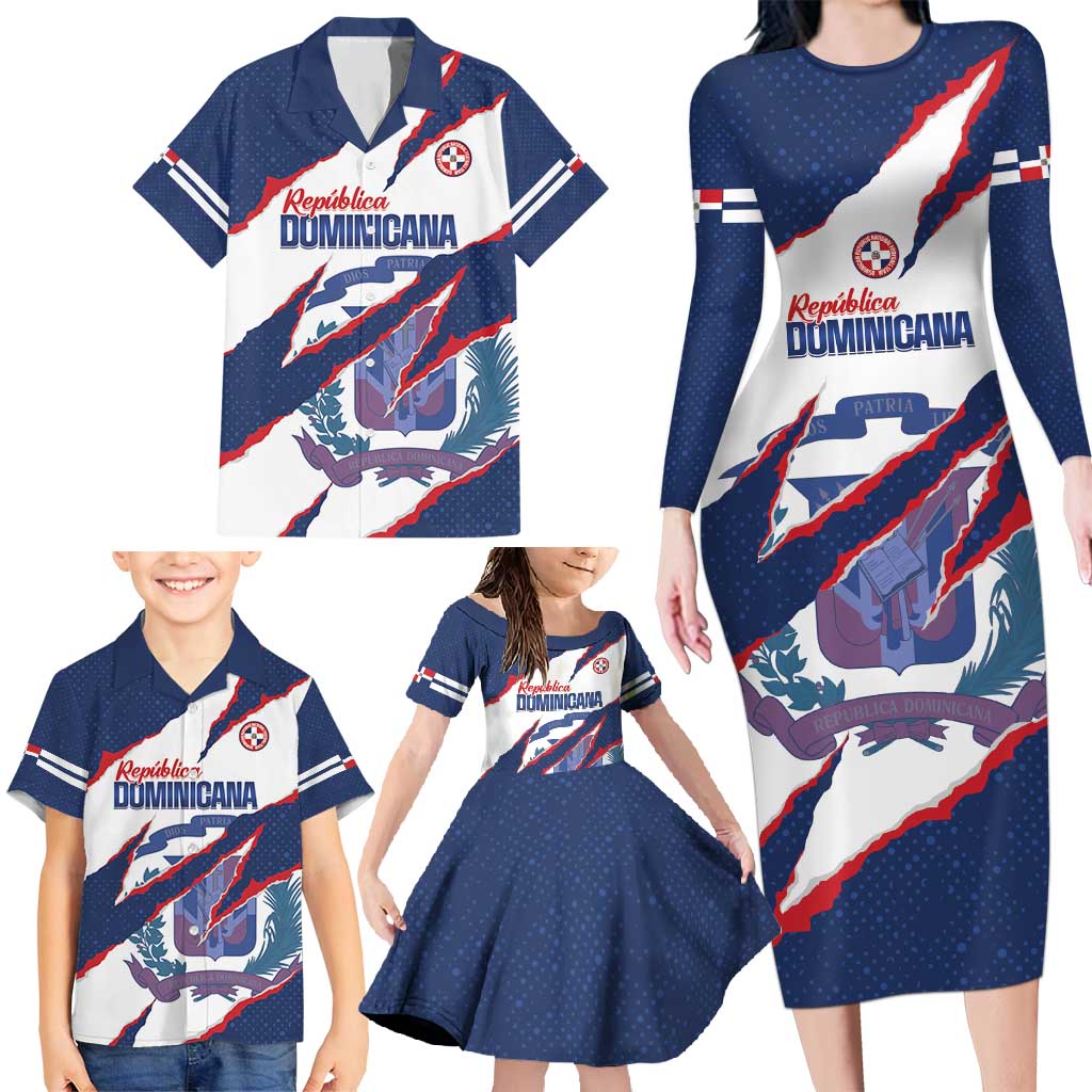 Custom Dominican Republic Football Family Matching Long Sleeve Bodycon Dress and Hawaiian Shirt Los Quisqueyanos Crack Style