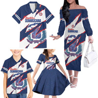 Custom Dominican Republic Football Family Matching Off The Shoulder Long Sleeve Dress and Hawaiian Shirt Los Quisqueyanos Crack Style