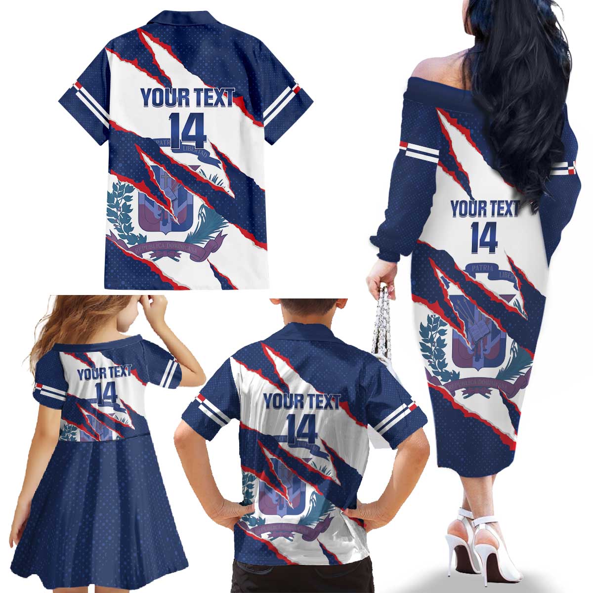 Custom Dominican Republic Football Family Matching Off The Shoulder Long Sleeve Dress and Hawaiian Shirt Los Quisqueyanos Crack Style
