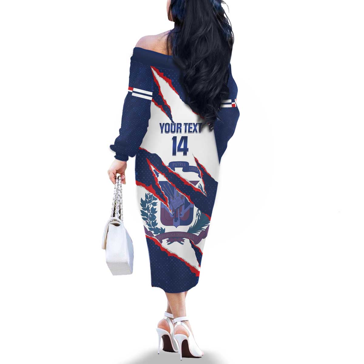 Custom Dominican Republic Football Family Matching Off The Shoulder Long Sleeve Dress and Hawaiian Shirt Los Quisqueyanos Crack Style