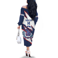 Custom Dominican Republic Football Family Matching Off The Shoulder Long Sleeve Dress and Hawaiian Shirt Los Quisqueyanos Crack Style