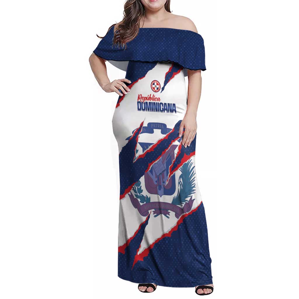 Custom Dominican Republic Football Family Matching Off Shoulder Maxi Dress and Hawaiian Shirt Los Quisqueyanos Crack Style