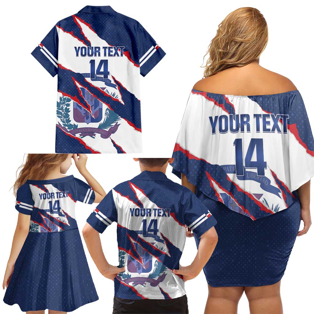Custom Dominican Republic Football Family Matching Off Shoulder Short Dress and Hawaiian Shirt Los Quisqueyanos Crack Style