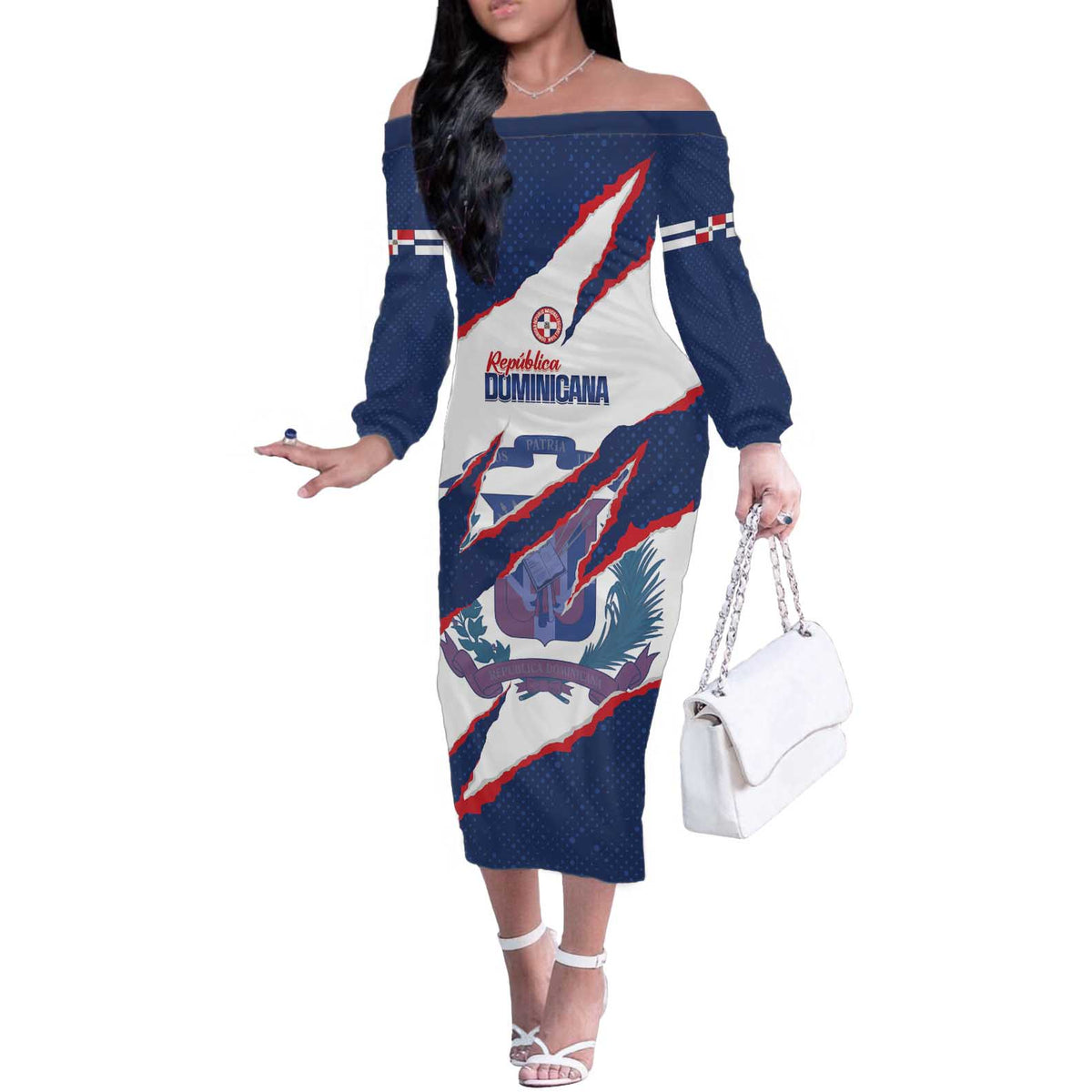 Custom Dominican Republic Football Off The Shoulder Long Sleeve Dress Los Quisqueyanos Crack Style
