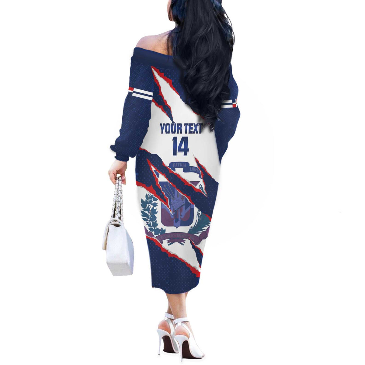 Custom Dominican Republic Football Off The Shoulder Long Sleeve Dress Los Quisqueyanos Crack Style