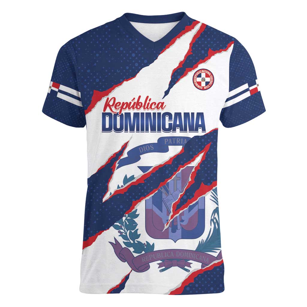 Custom Dominican Republic Football Women V-Neck T-Shirt Los Quisqueyanos Crack Style