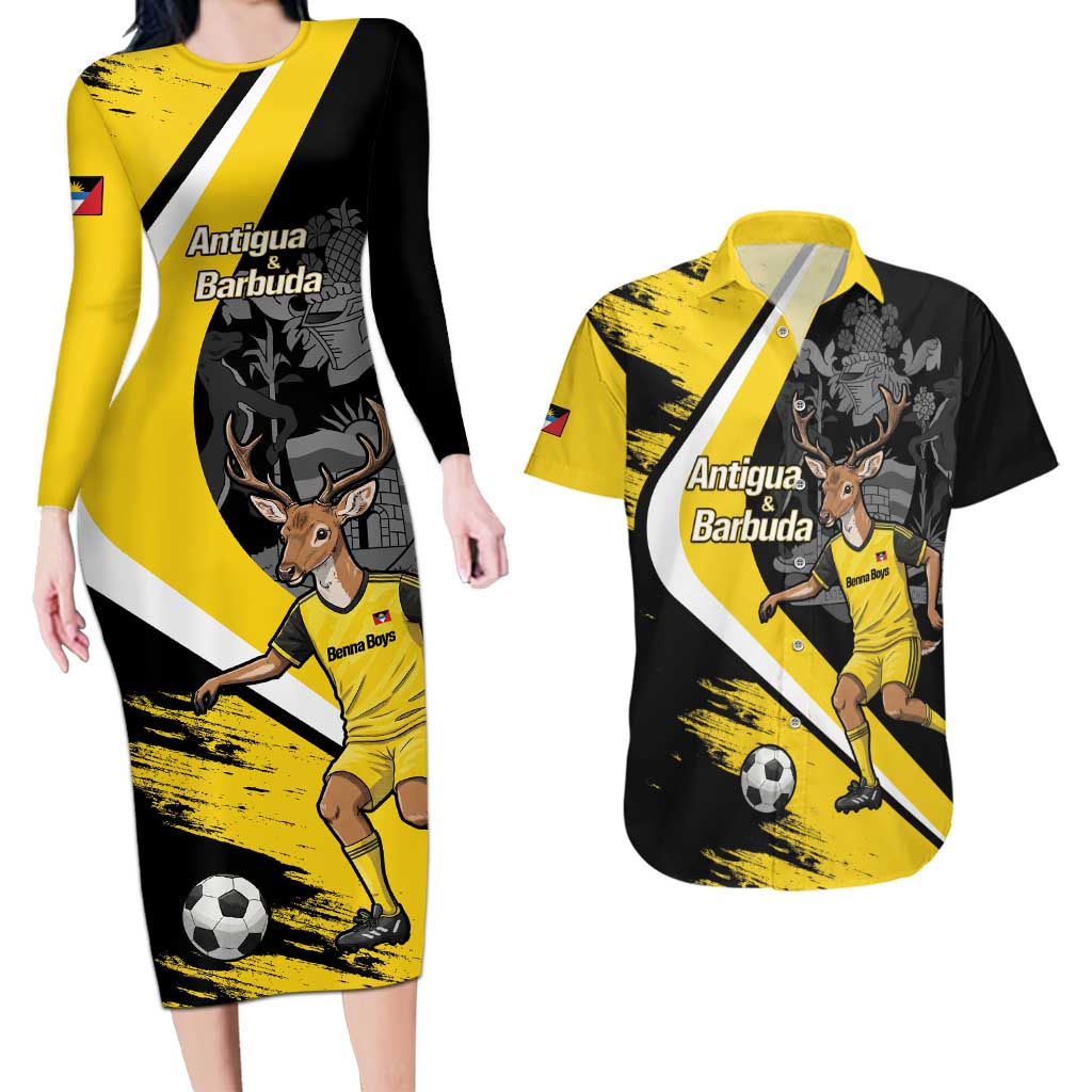 Custom Antigua and Barbuda Football Couples Matching Long Sleeve Bodycon Dress and Hawaiian Shirt Go Benna Boys Sporty Deer Mascot