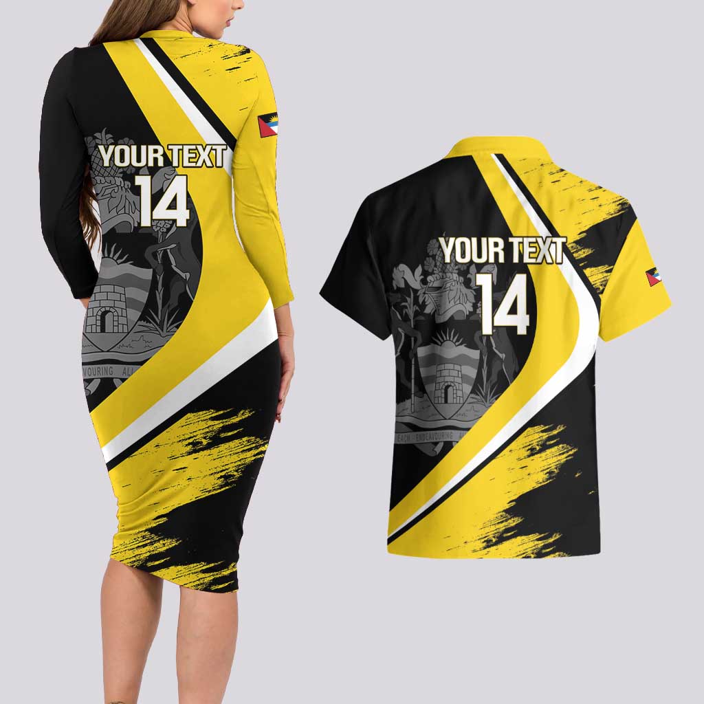 Custom Antigua and Barbuda Football Couples Matching Long Sleeve Bodycon Dress and Hawaiian Shirt Go Benna Boys Sporty Deer Mascot